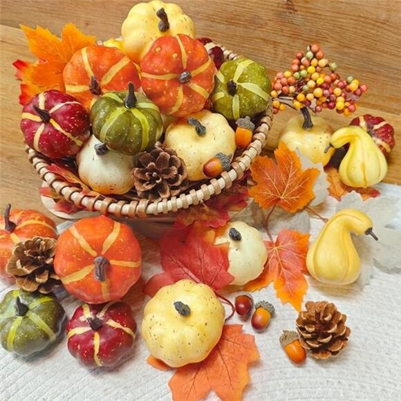 25Pcs Artificial Decor Set Assorted Fall Mini Pumpkin Decorations w Maple Leaves - Picture 7 of 7